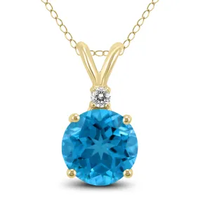 14K Yellow Gold 5Mm Round Blue Topaz And Diamond Pendant