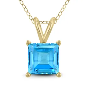 14K Yellow Gold 7Mm Square Blue Topaz Pendant