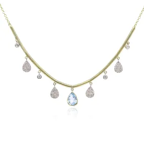 14K YELLOW GOLD BLUE TOPAZ DIAMOND DANGLE NECKLACE