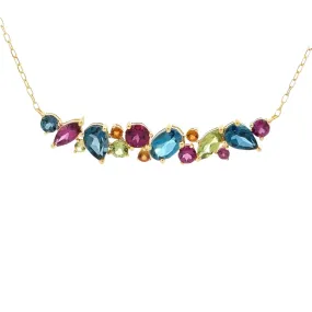 14K Yellow Gold Cluster Necklace | Peridot, Blue Topaz, Rhodolite Garnet, Citrine, Diamond Cable Link Chain