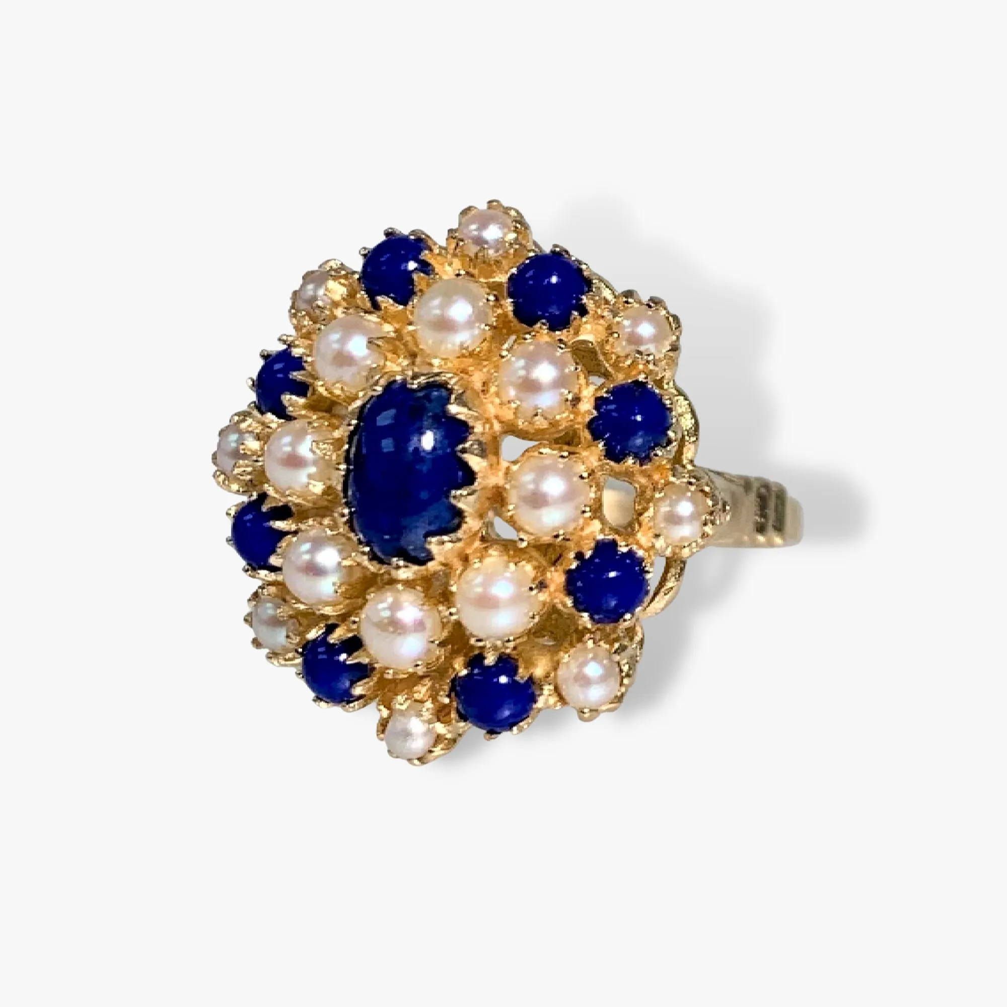 14k Yellow Gold Lapis Lazuli and Pearl Vintage Flower Ring