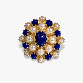 14k Yellow Gold Lapis Lazuli and Pearl Vintage Flower Ring