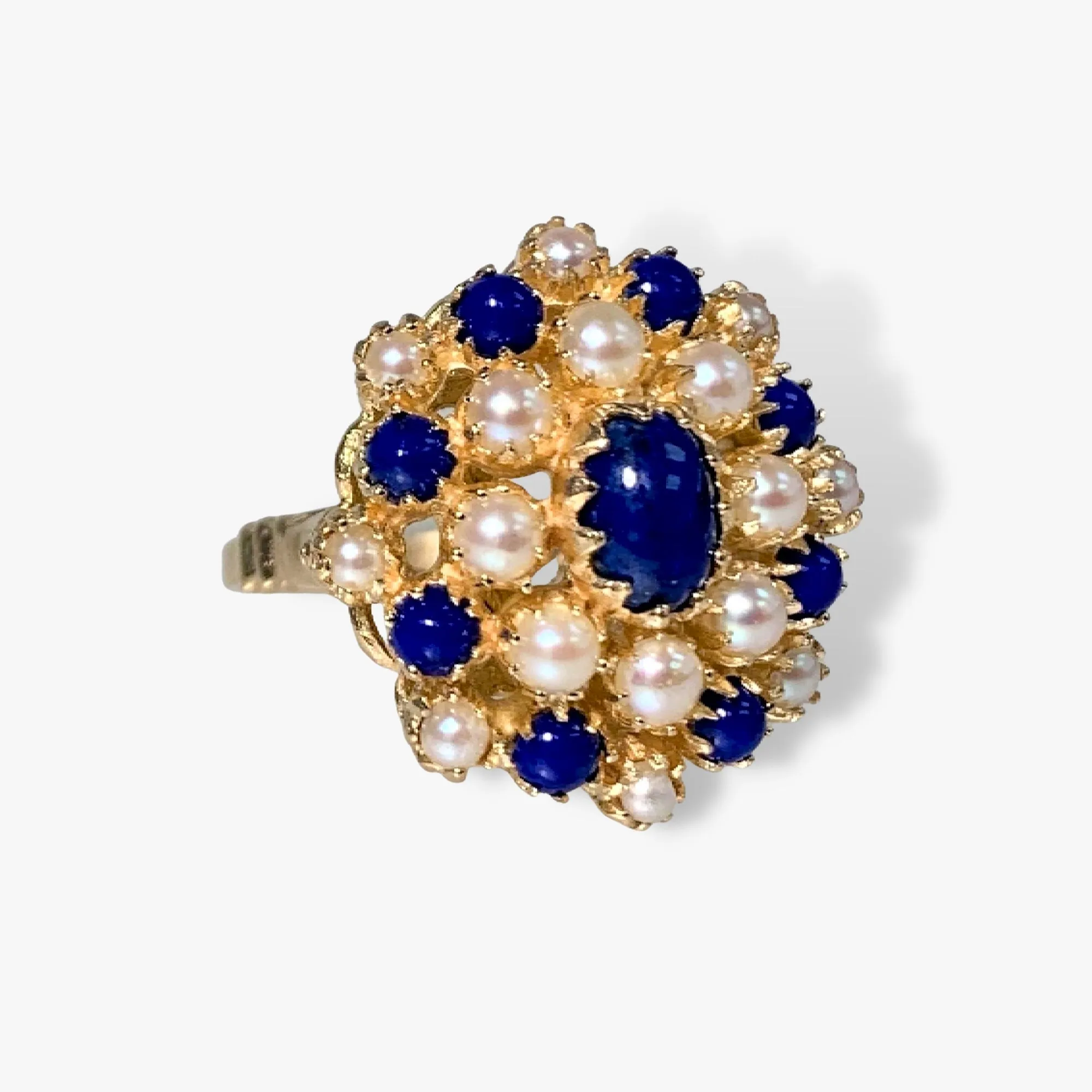 14k Yellow Gold Lapis Lazuli and Pearl Vintage Flower Ring