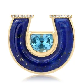 14K YG Jumbo Topaz, Lapis and Diamond Horseshoe Ring