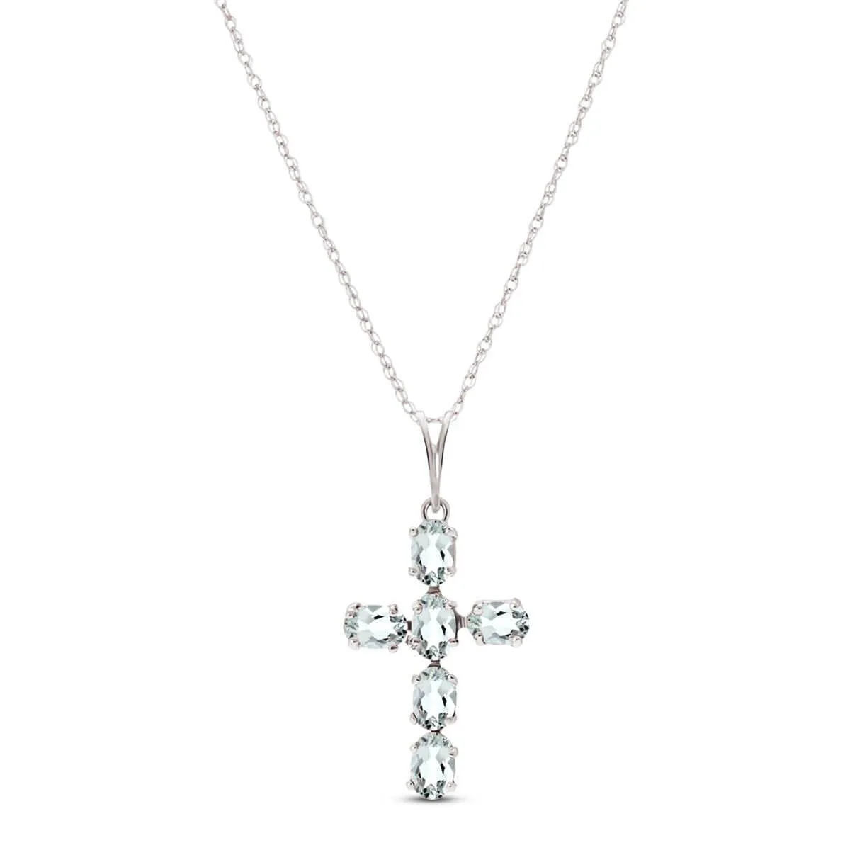 1.5 Carat 14K Solid White Gold Cross Necklace Natural Aquamarine