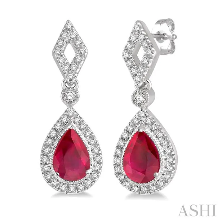 1/5 ctw Pear Shape 5x3mm Ruby & Round Cut Diamond Precious Earring in 10K White Gold