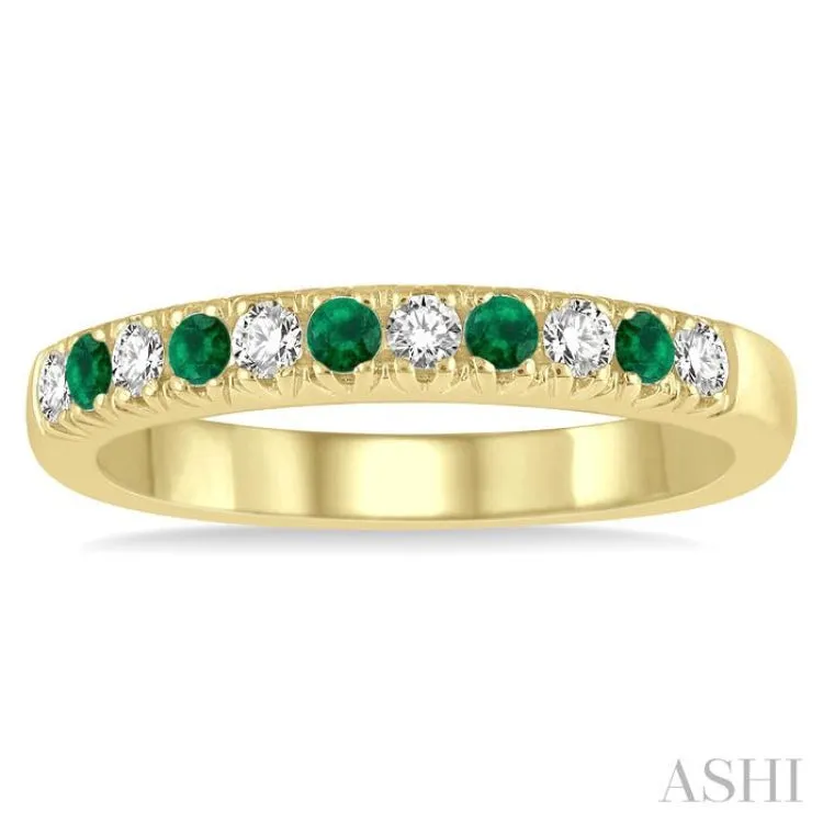 1/5 ctw Round Cut Diamond and 2MM Emerald Precious Wedding Band in 14K Yellow Gold