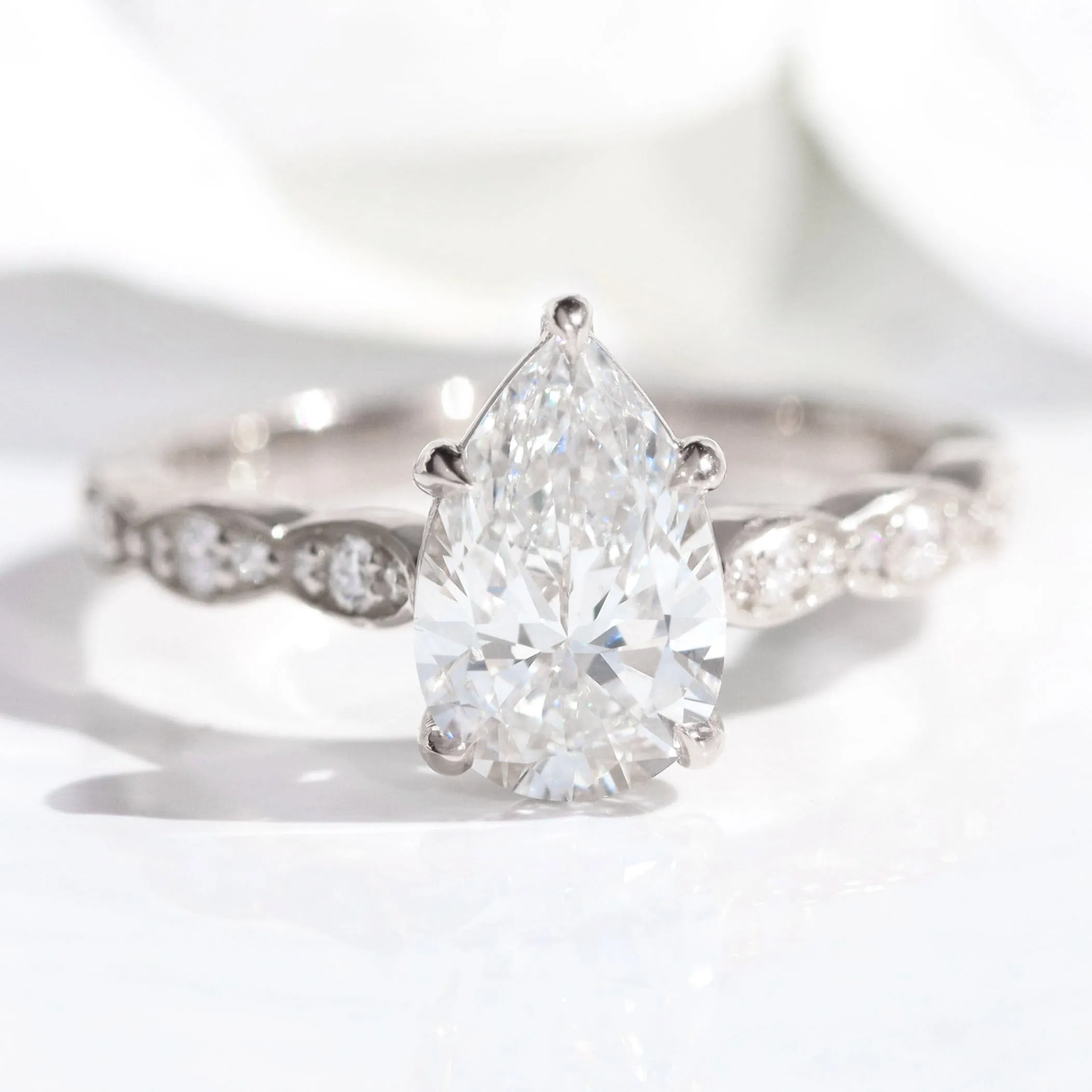 1.70 Ctw Pear Lab Diamond Ring w/ Natural Diamonds in Solitaire Scalloped Band