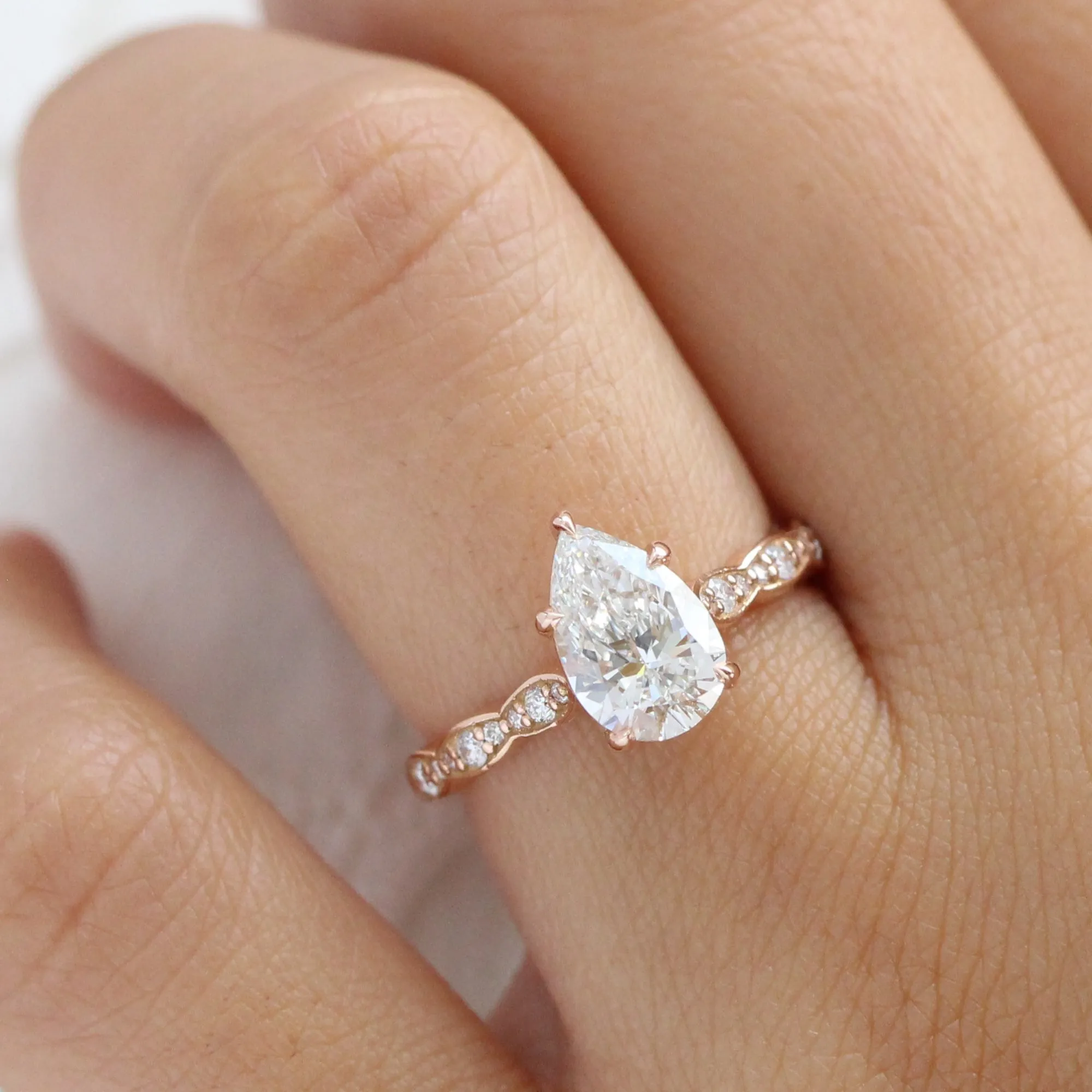 1.70 Ctw Pear Lab Diamond Ring w/ Natural Diamonds in Solitaire Scalloped Band