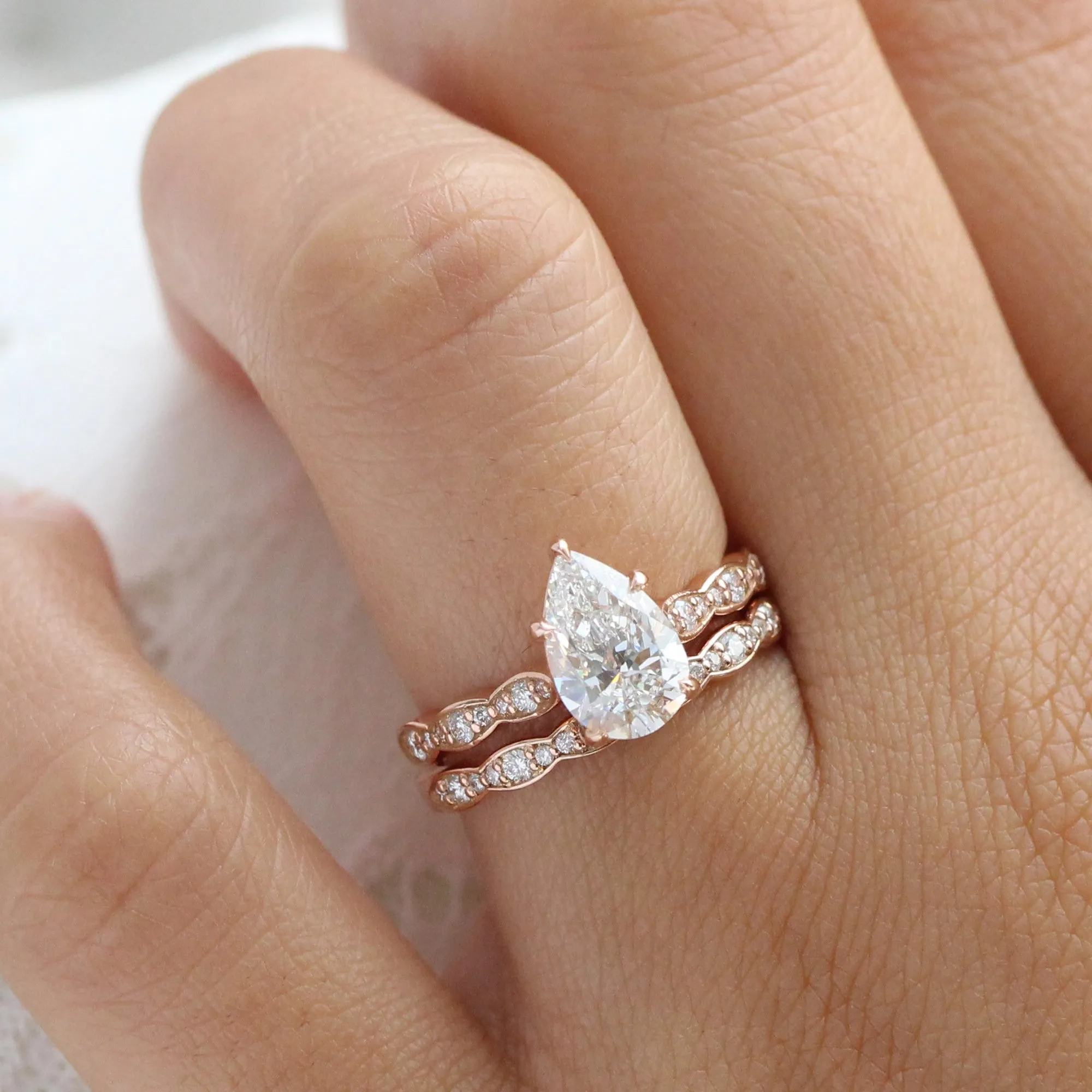 1.70 Ctw Pear Lab Diamond Ring w/ Natural Diamonds in Solitaire Scalloped Band