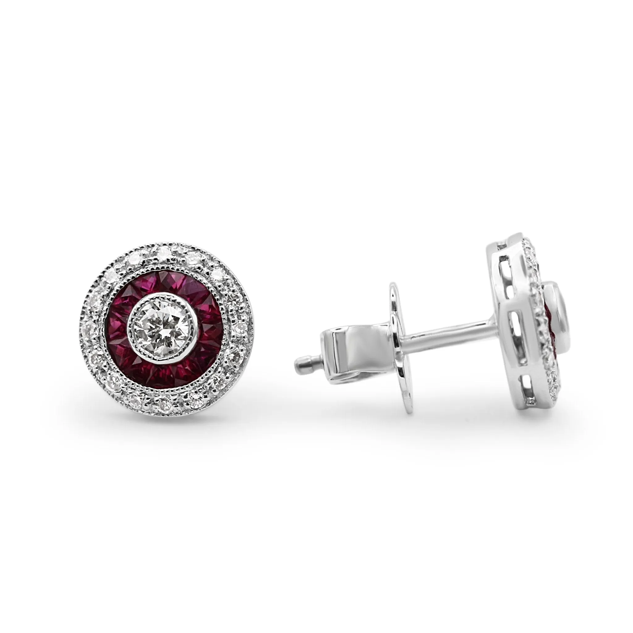 18ct White Gold Diamond & Ruby Target Cluster Stud Earrings