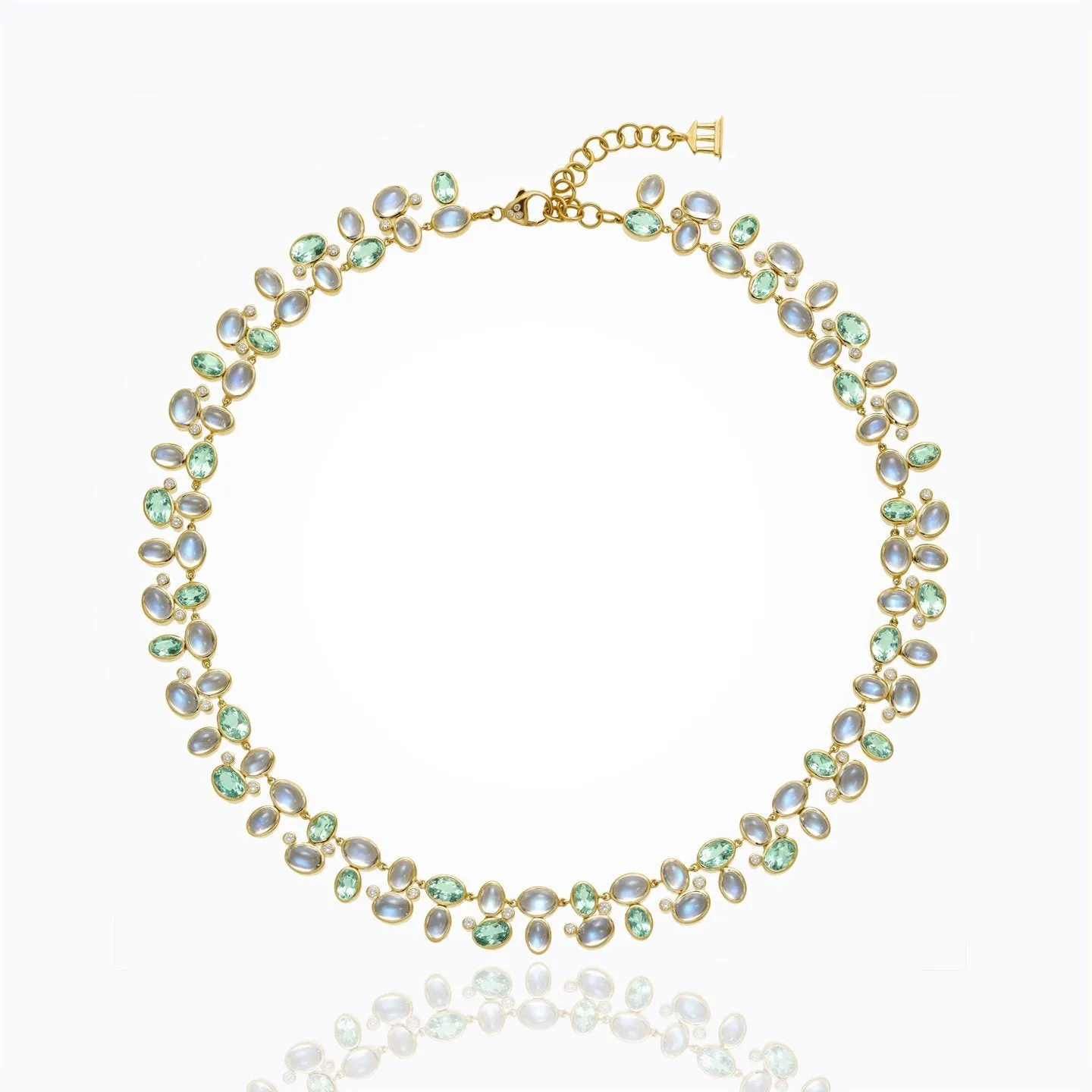 18K Cluster Necklace in Royal Blue Moonstone, faceted Green Beryl, and diamond