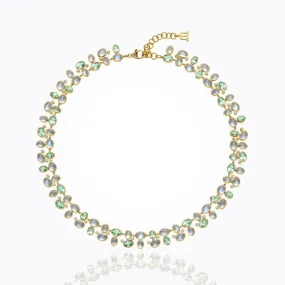 18K Cluster Necklace in Royal Blue Moonstone, faceted Green Beryl, and diamond