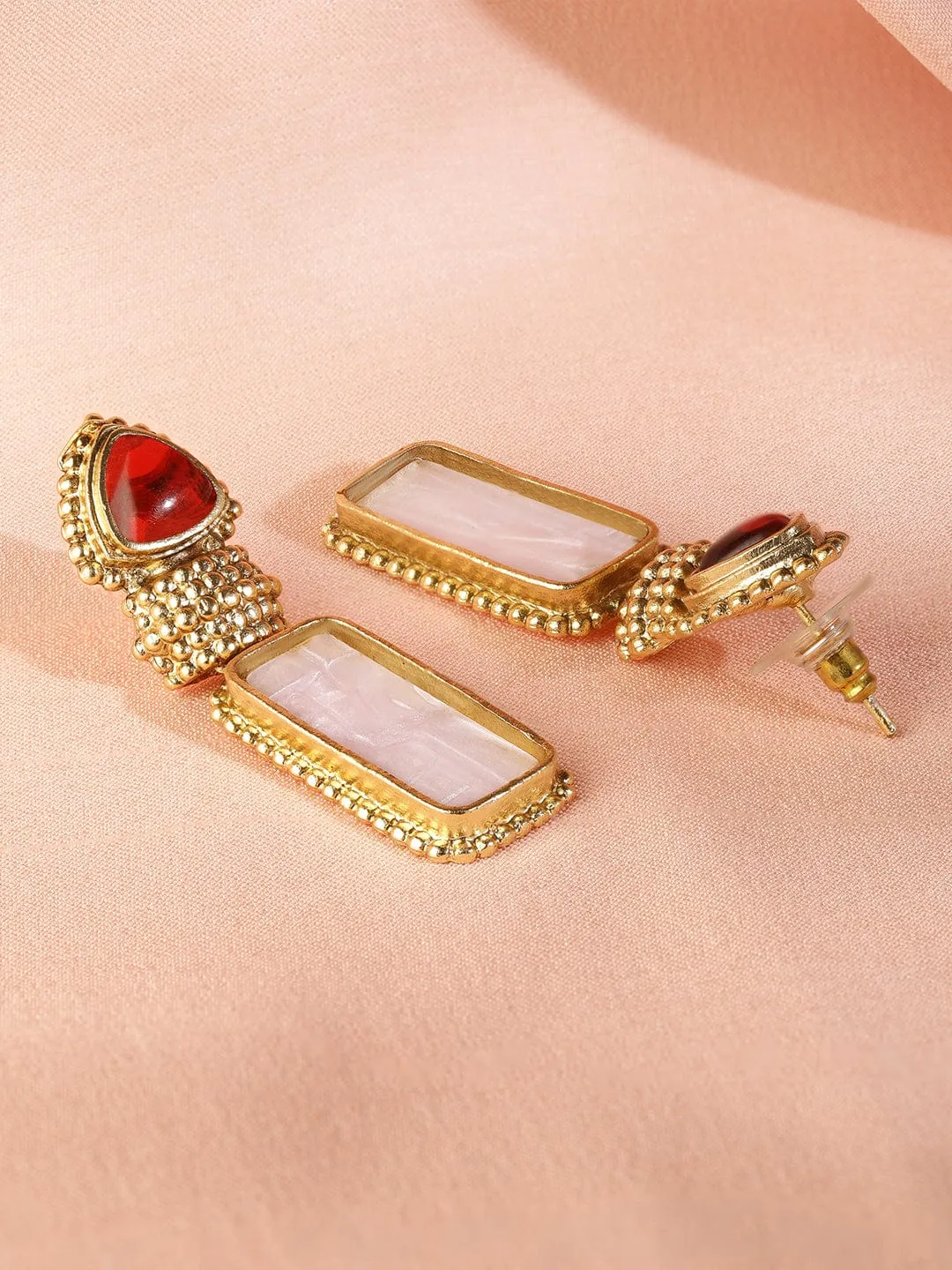 18K Gold Plated Ruby & Pale Pink Gemstone Studded Drop Earrings