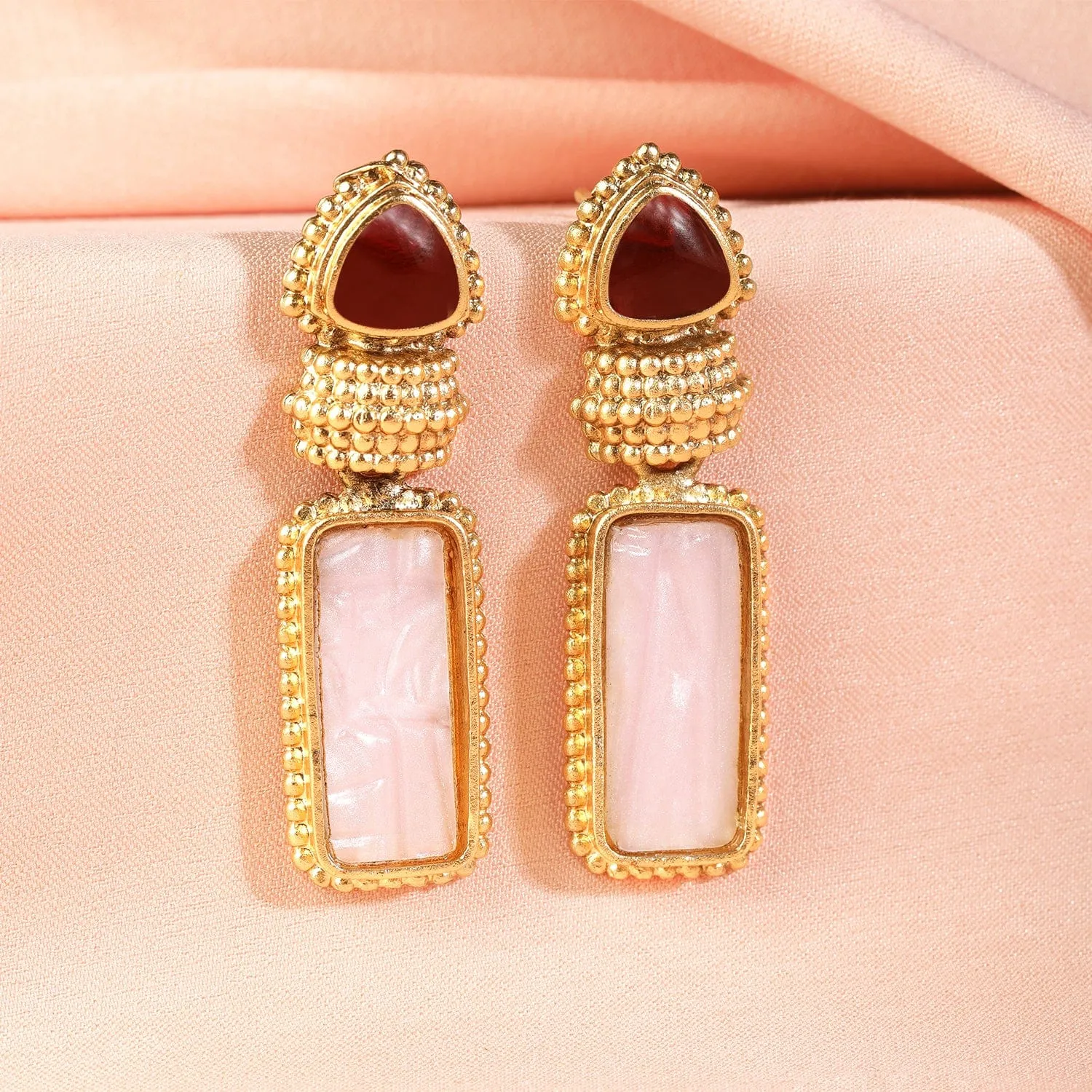 18K Gold Plated Ruby & Pale Pink Gemstone Studded Drop Earrings