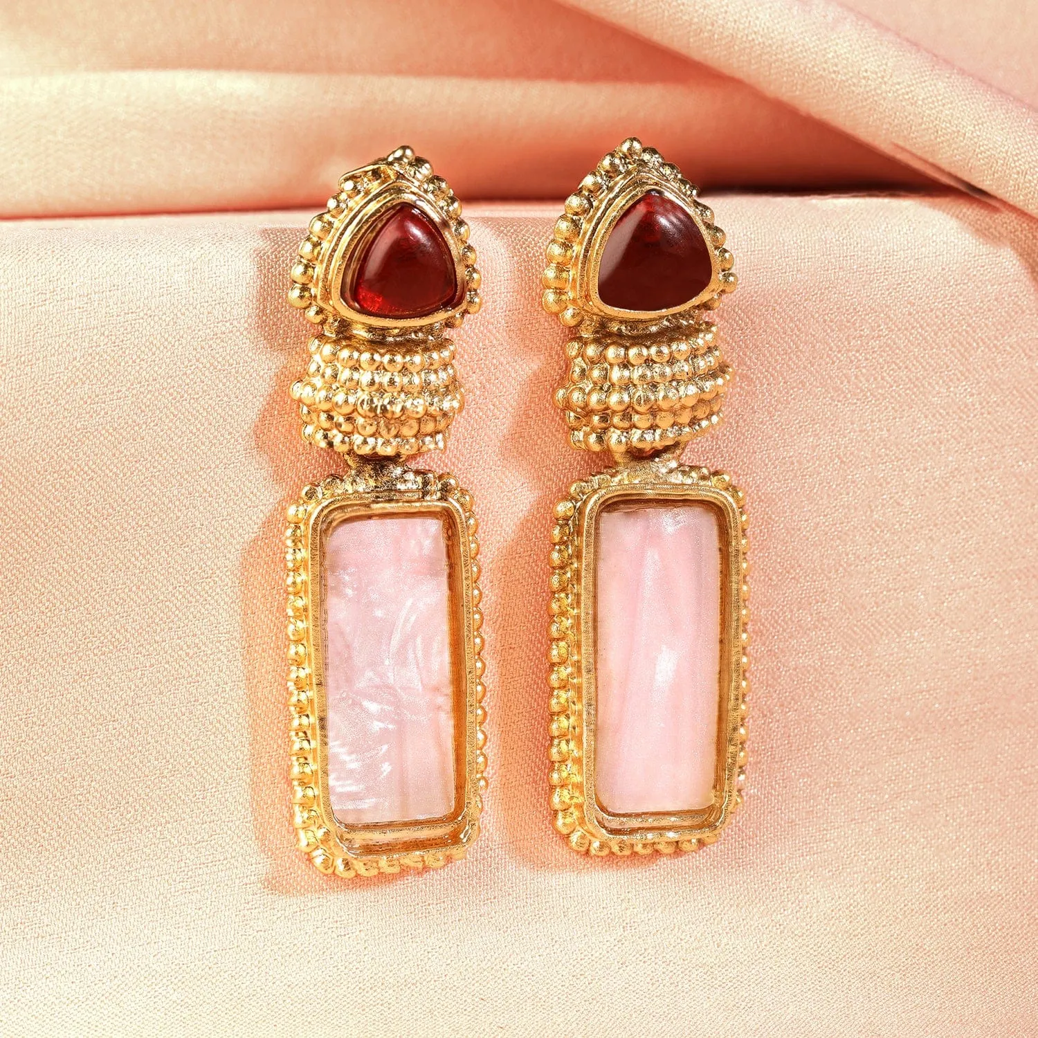 18K Gold Plated Ruby & Pale Pink Gemstone Studded Drop Earrings