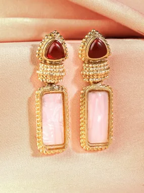 18K Gold Plated Ruby & Pale Pink Gemstone Studded Drop Earrings