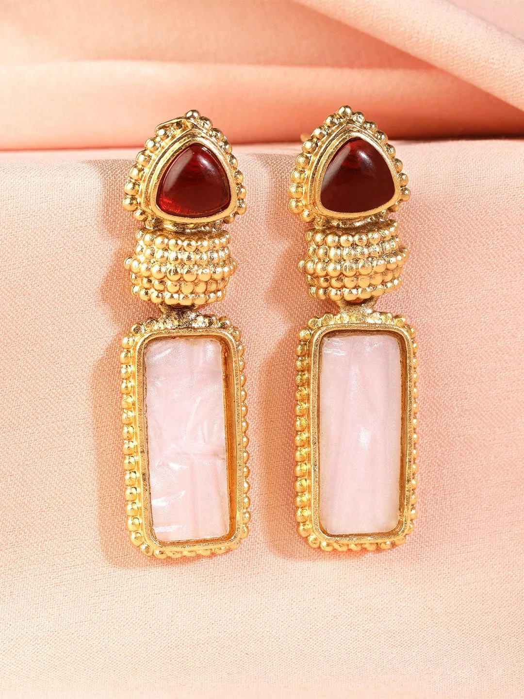 18K Gold Plated Ruby & Pale Pink Gemstone Studded Drop Earrings