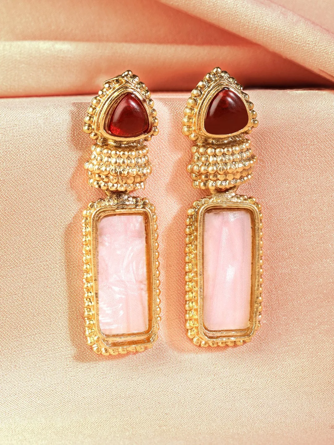 18K Gold Plated Ruby & Pale Pink Gemstone Studded Drop Earrings