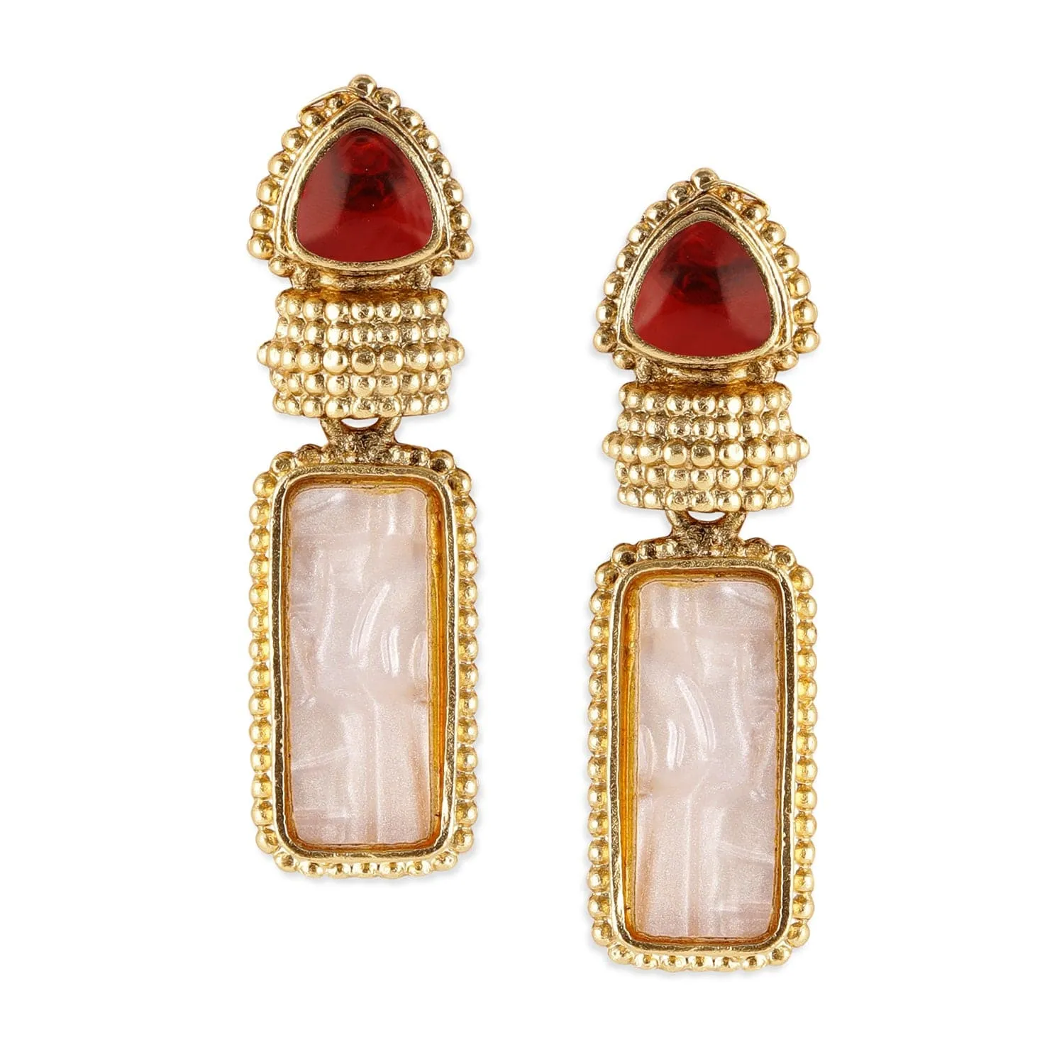 18K Gold Plated Ruby & Pale Pink Gemstone Studded Drop Earrings