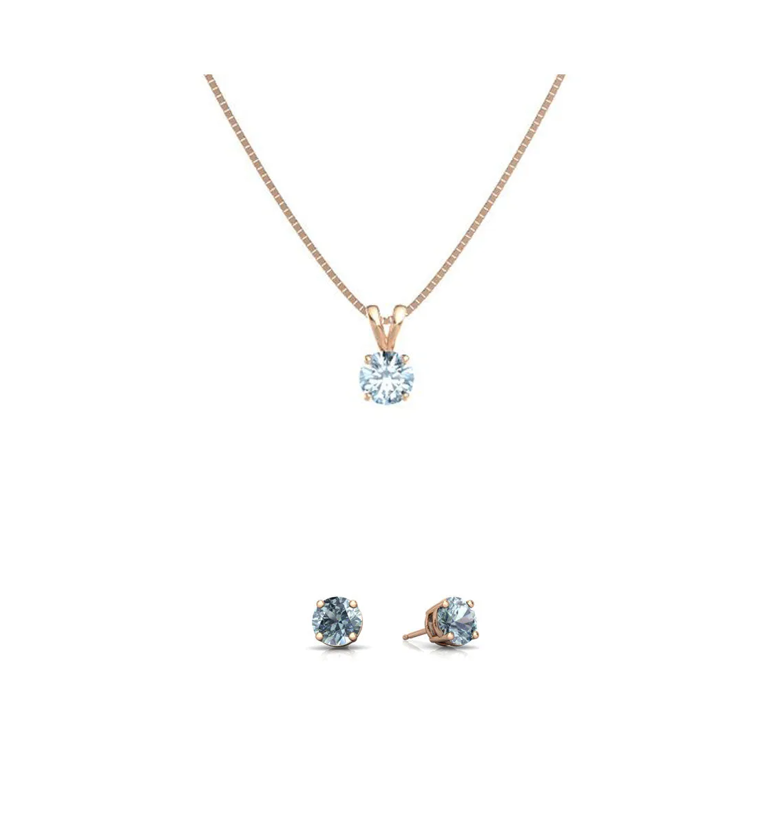 18K Rose Gold 3ct  Aquamarine Round 18 Inch Necklace and Earrings Set Plated