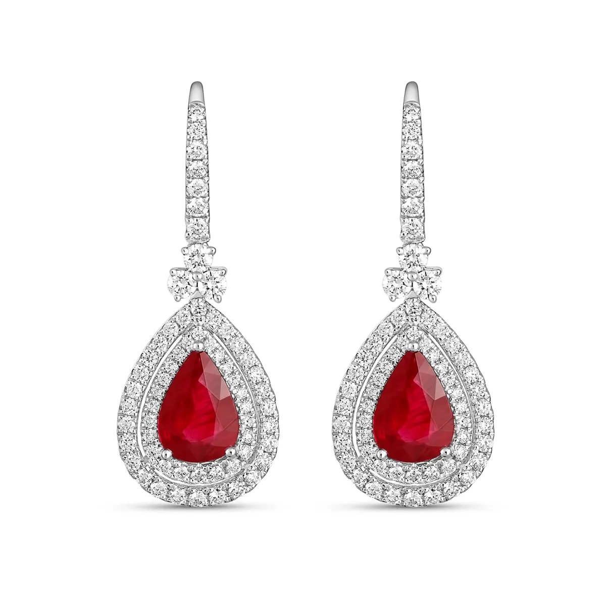 18K White Gold Diamond Hoop Earring with Pear Ruby with Diamond Halo Dangle