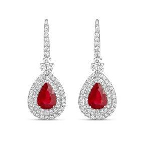 18K White Gold Diamond Hoop Earring with Pear Ruby with Diamond Halo Dangle