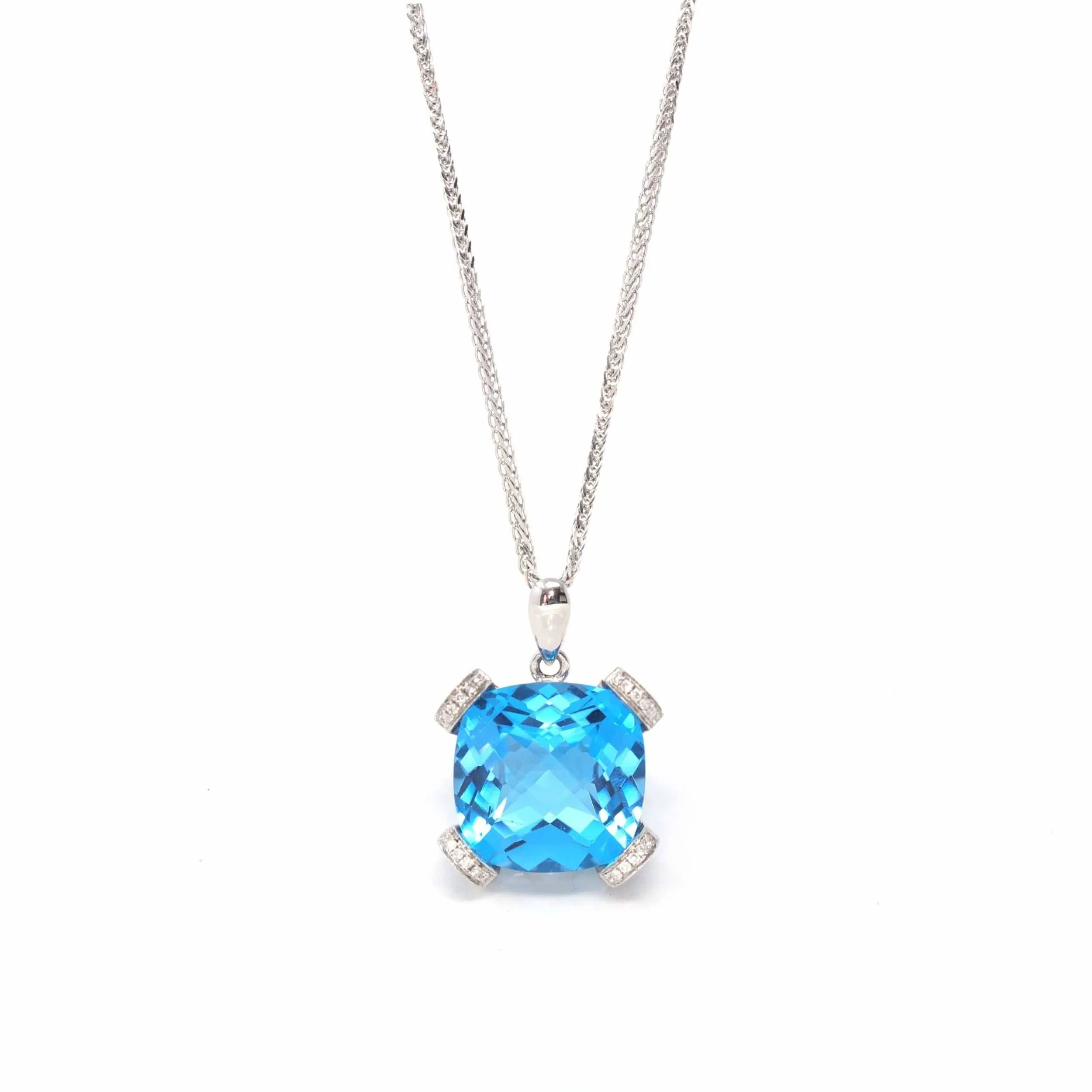 18k White Gold Genuine Cushion Cut London Blue Topaz & Diamonds Pendant Necklace