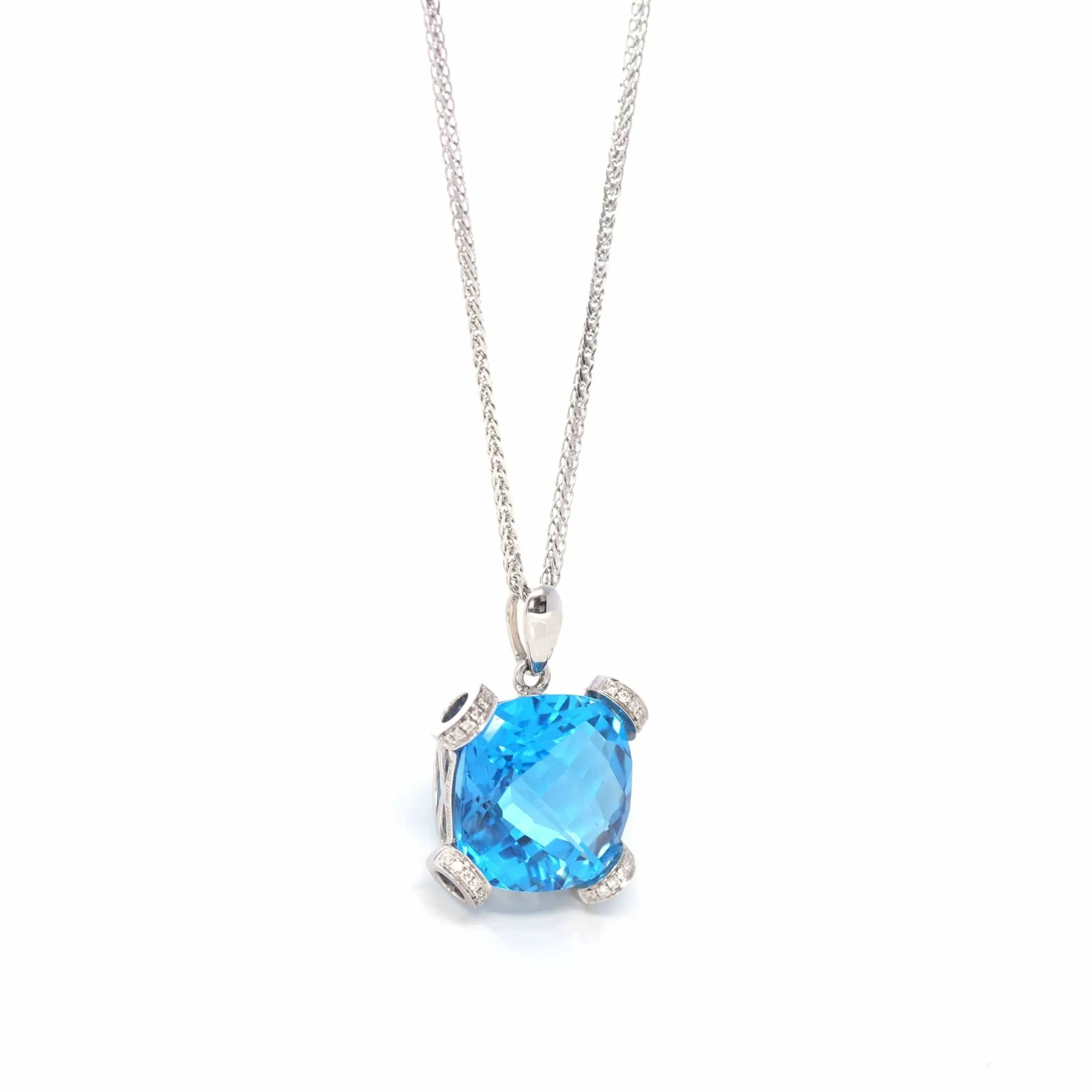 18k White Gold Genuine Cushion Cut London Blue Topaz & Diamonds Pendant Necklace