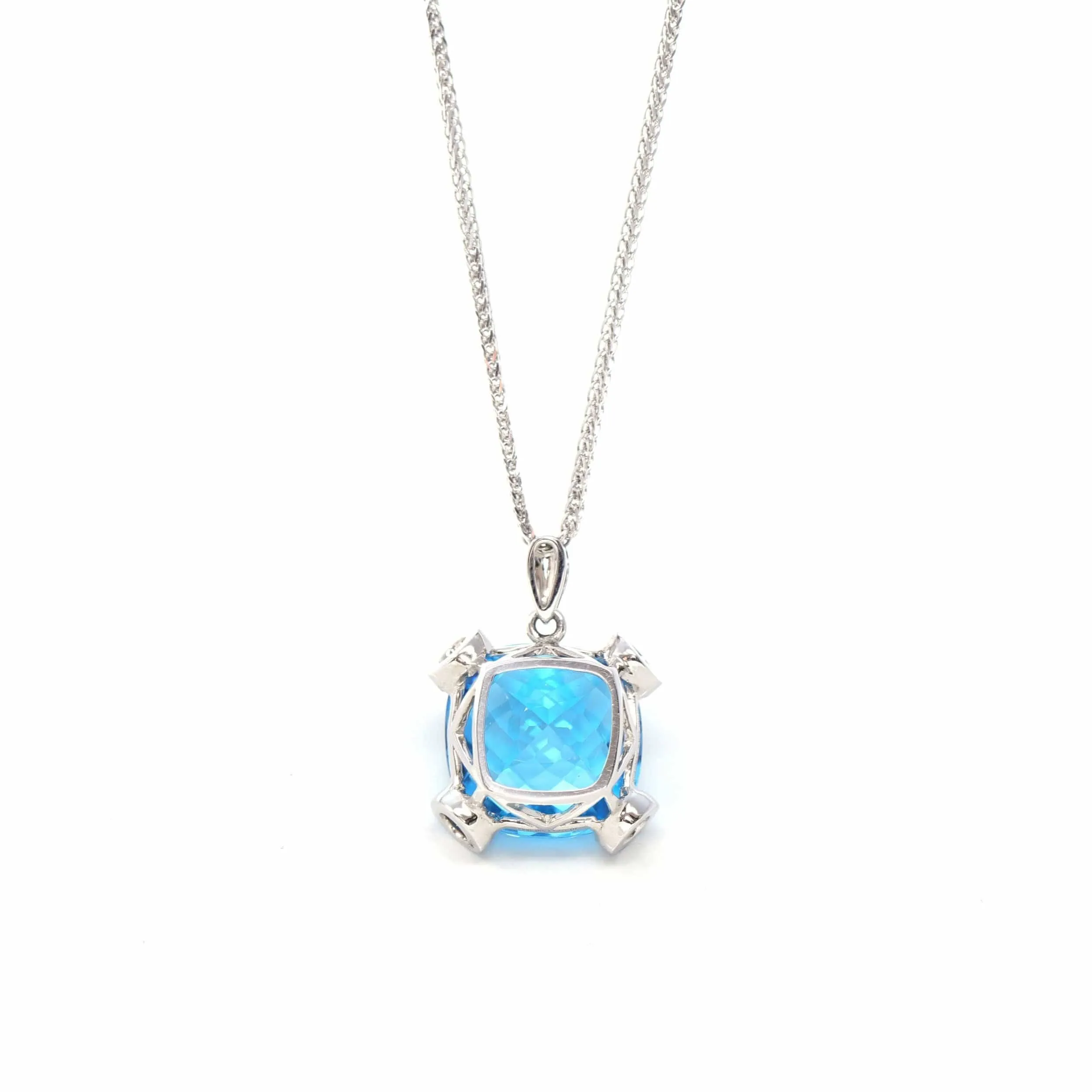 18k White Gold Genuine Cushion Cut London Blue Topaz & Diamonds Pendant Necklace