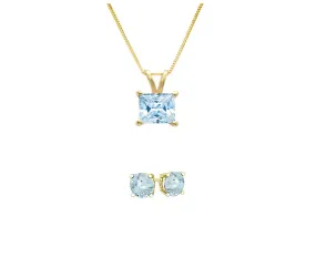 18K Yellow Gold 3ct Aquamarine Princess Cut 18 Inch Necklace and Round Earrings Set Plated