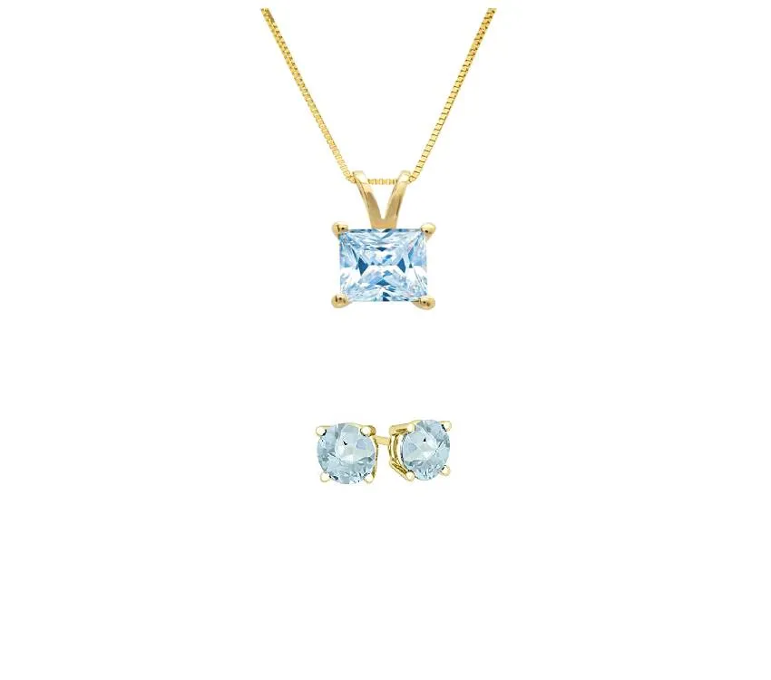 18K Yellow Gold 3ct Aquamarine Princess Cut 18 Inch Necklace and Round Earrings Set Plated