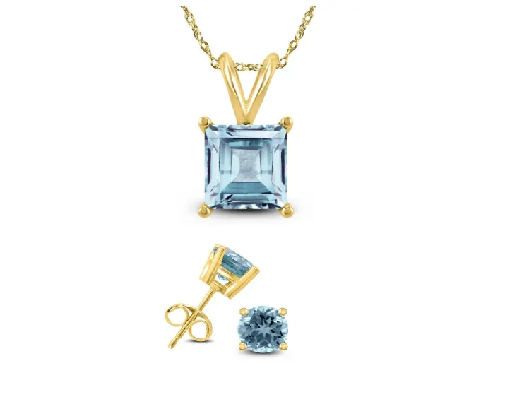 18K Yellow Gold 4ct Aquamarine Square 18 Inch Necklace and Round Earrings Set Plated