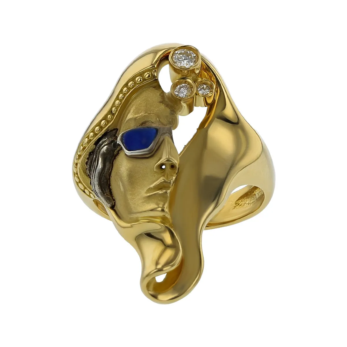 18K Yellow Gold Lapis Lazuli and Diamond Face Ring