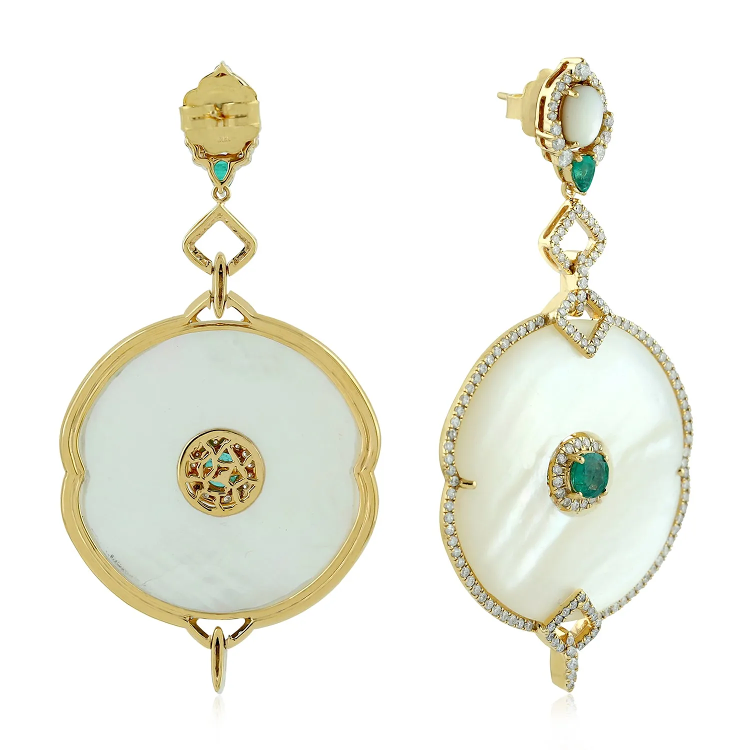 18K Yellow Gold Oval Cut Mop Bezel Set  Emerald Pave Diamond Luxury Dangler Earrings