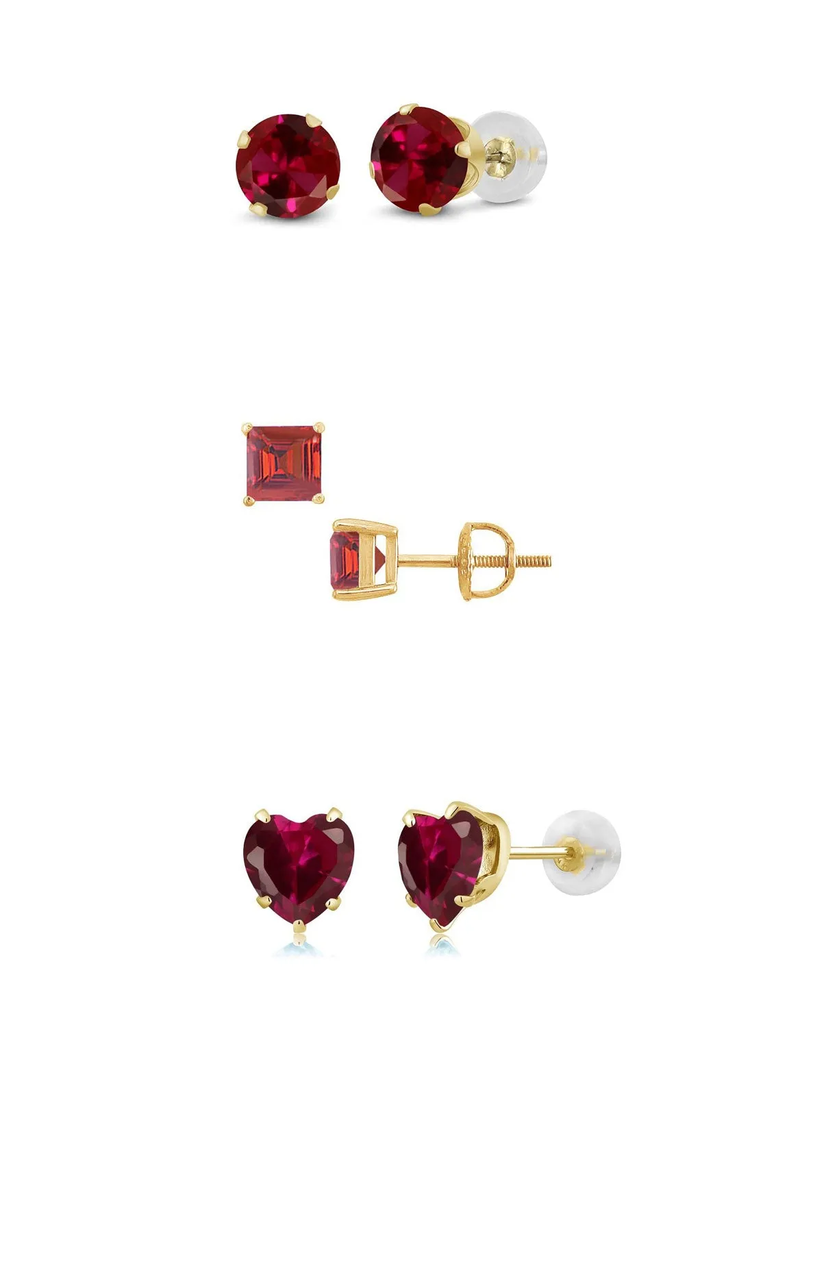 18k Yellow Gold Plated 6mm Created Ruby 3 Pair Round, Square and Heart Stud Earrings