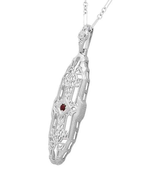 1920's Art Deco Filigree North South Ruby Pendant Necklace in Sterling Silver