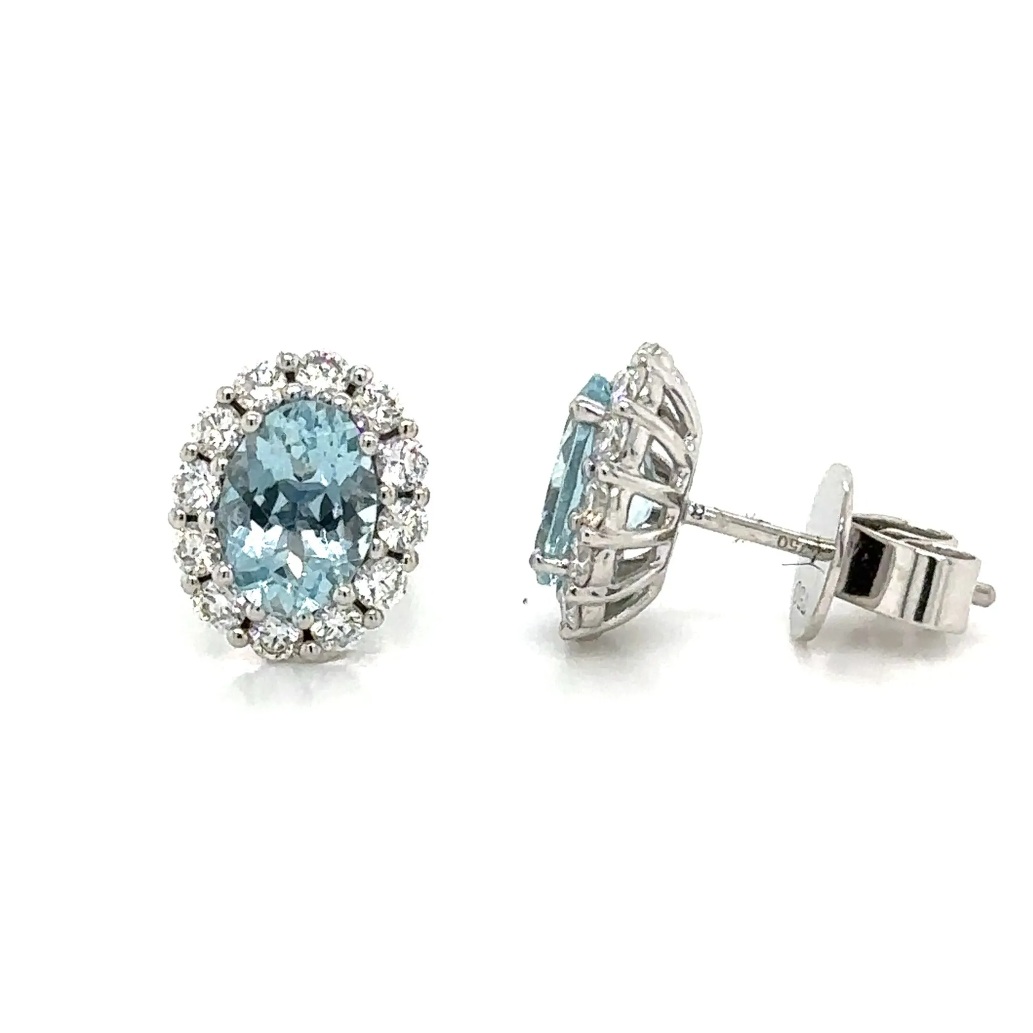 2.05ct tw Aquamarine & Diamond Oval Shape Stud Earrings