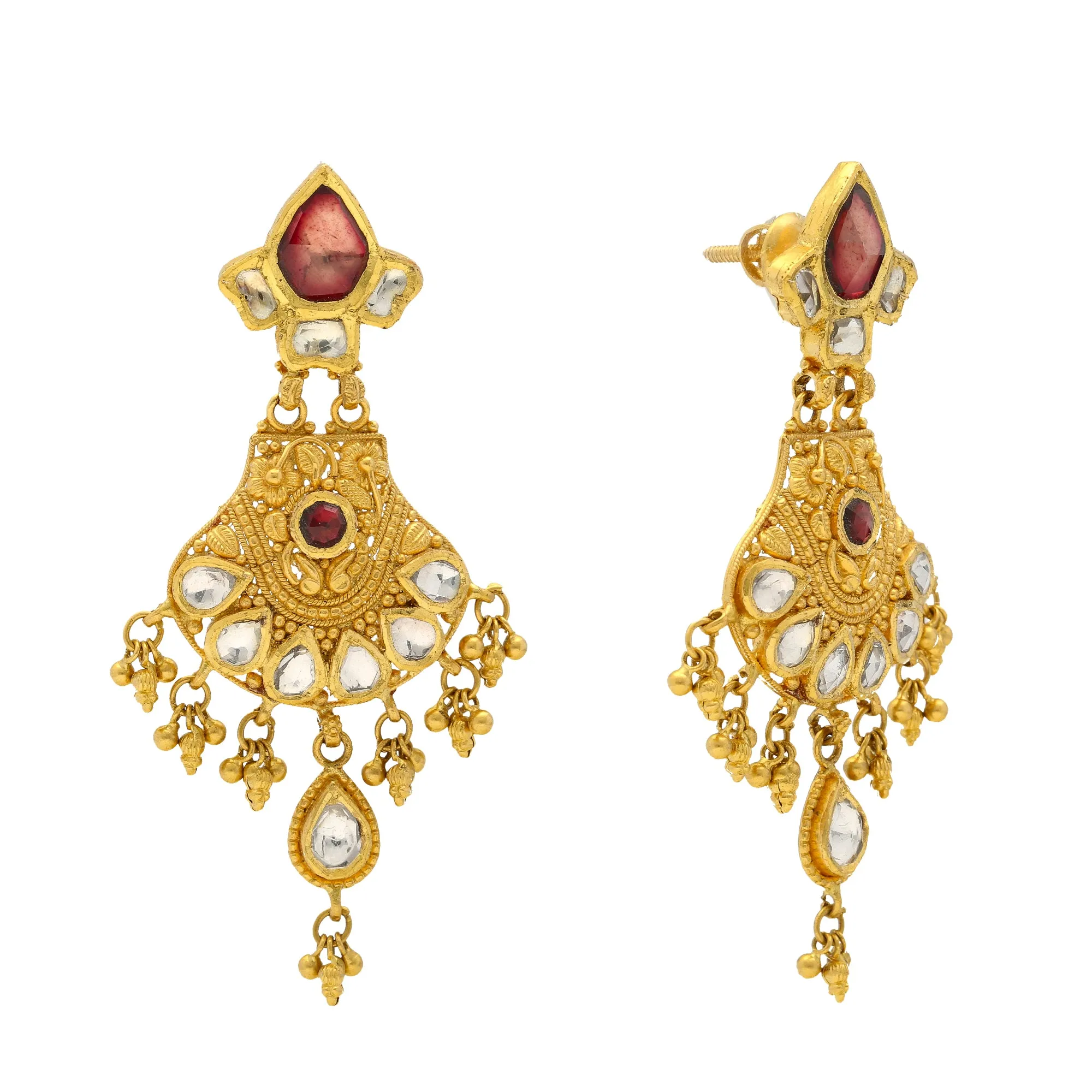 22K Yellow Gold Chandbali Earrings with Kundans & Rubies (26.1gm)