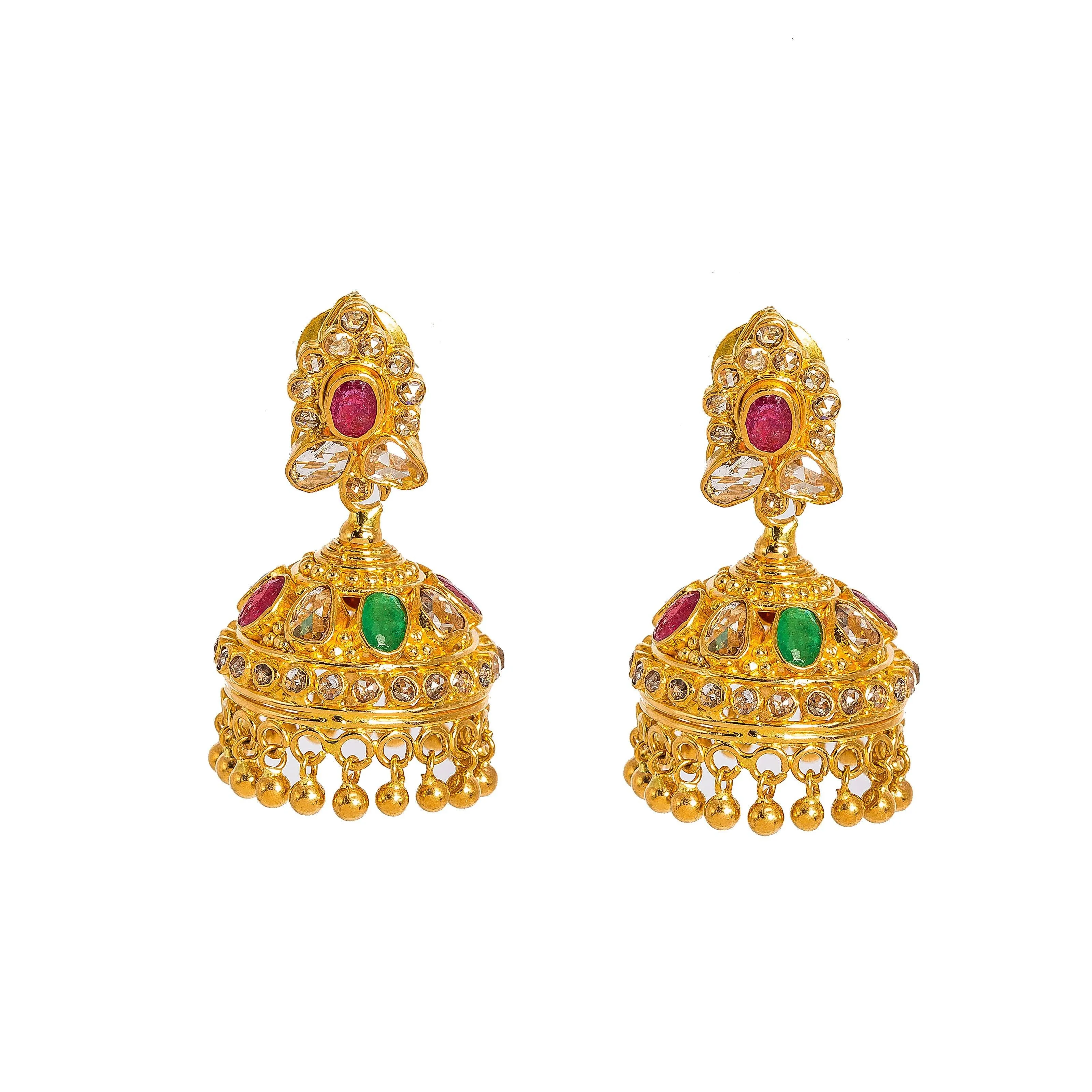 22K Yellow Gold Diamond Necklace & Jhumki Drop Earrings Set W/ 18.77ct Uncut Diamonds, Rubies, Emeralds, Laxmi Kasu & Large Eyelet Pendant