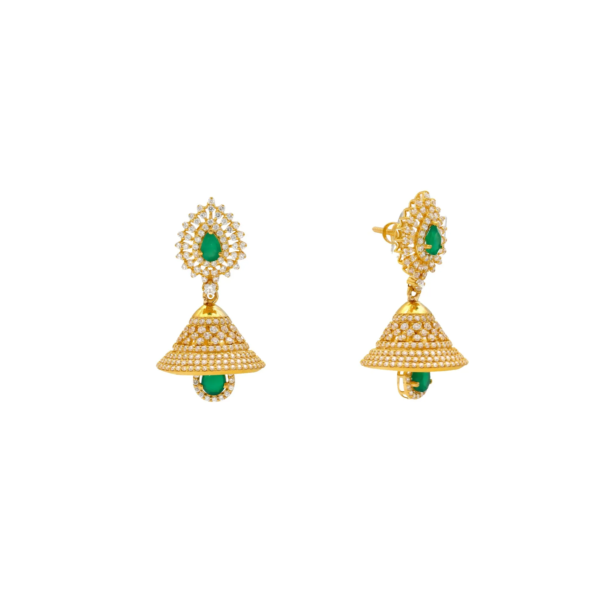 22K Yellow Gold, Emerald & CZ Jhumka Earrings (18.9gm)