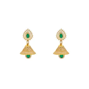 22K Yellow Gold, Emerald & CZ Jhumka Earrings (18.9gm)