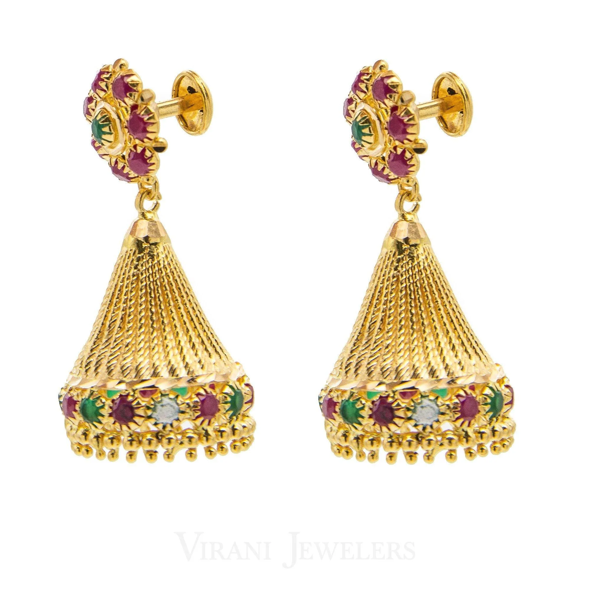 22K Yellow Gold Emerald & Ruby Jhumki Drop Earrings