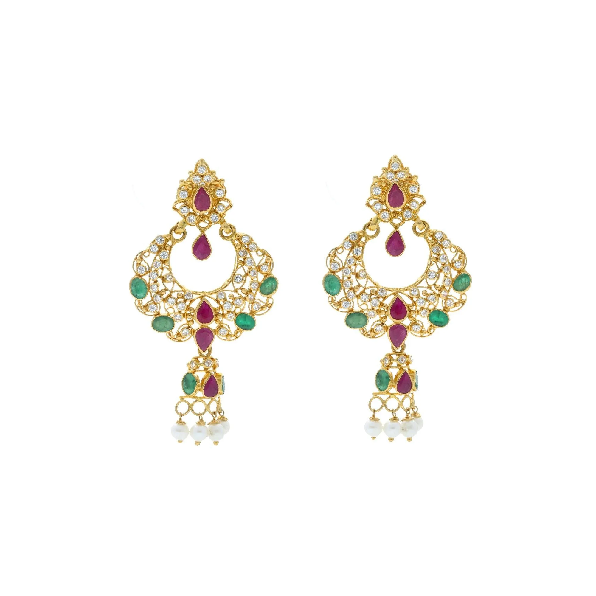 22K Yellow Gold Hoop Earrings W/Rubies,Emeralds,CZ and pearls with Dreamcatcher Design