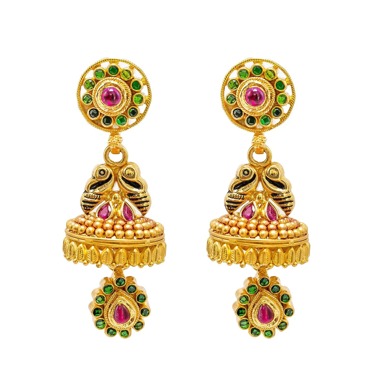 22K Yellow Gold Jumkhi Drop Earrings W/ Rubies, Emeralds & Hand Painted Details