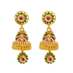 22K Yellow Gold Jumkhi Drop Earrings W/ Rubies, Emeralds & Hand Painted Details