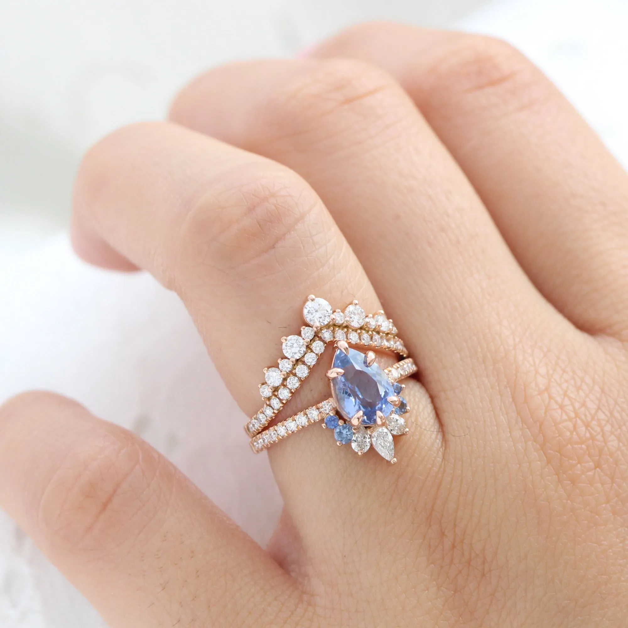 2.30 Ct Pear Aqua Blue Sapphire Ring in 14k Rose Gold Peacock Ring, Size 6.25