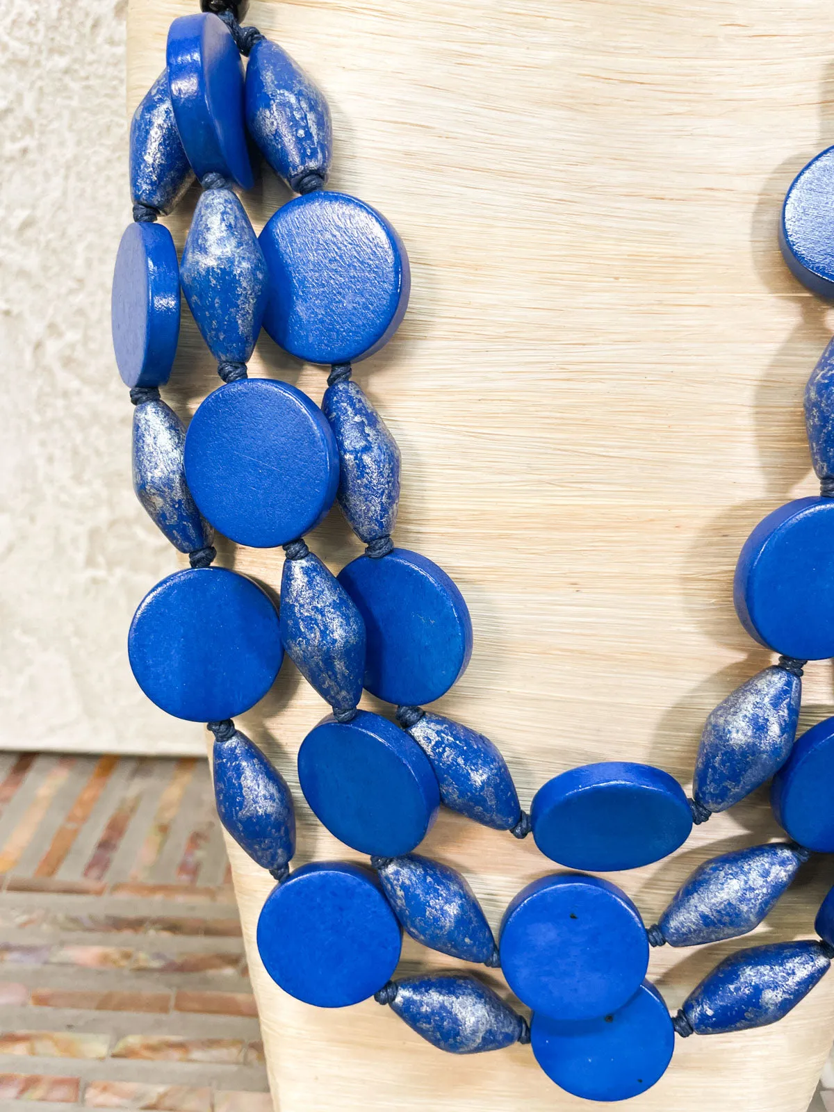 3 Strand Round Wooden Bead Necklace & Earrings Set, Blue