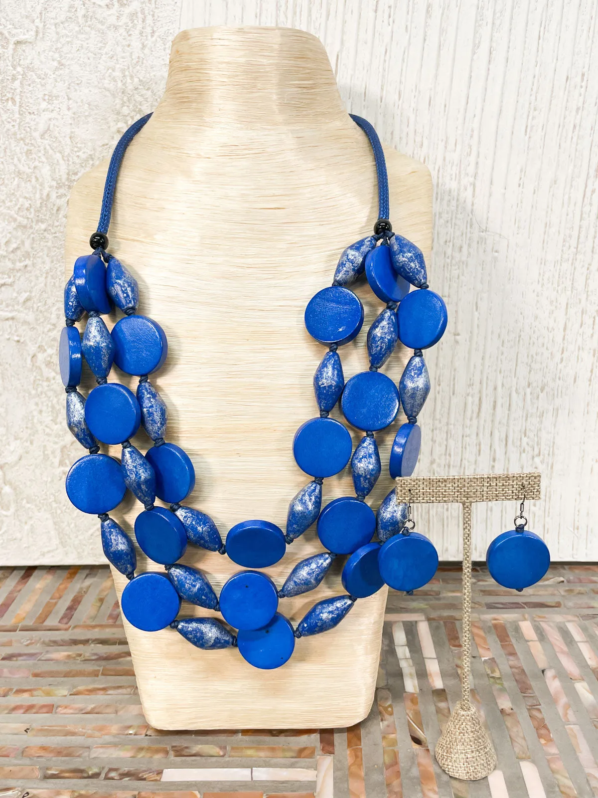 3 Strand Round Wooden Bead Necklace & Earrings Set, Blue