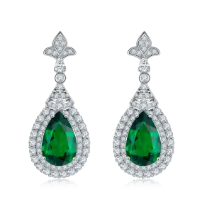 3.4 Carat Pear-Shaped Lab-Created Emerald Double Halo Drop Earrings in S925 Silver Plating